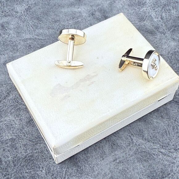 Vintage Foster Caduceus Cufflinks Set Mother of Pearl Gold Tone Medical with Box - Picture 11 of 11